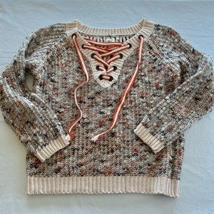 Super Soft and Cozy Sweater Chunky Knit Boho 1970s Vintage Vibe Lace Up V-Neck